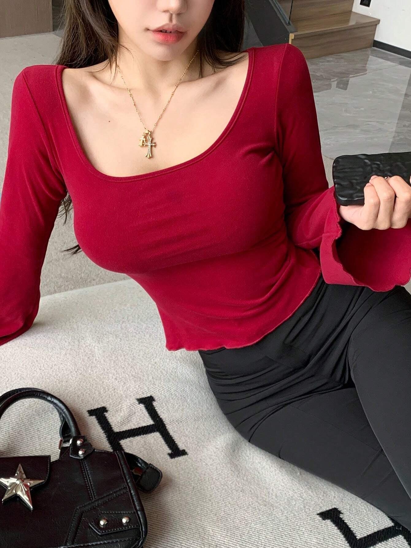 Square Neck Flare Sleeve Slim Fit Women T-Shirt