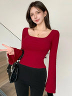 Square Neck Flare Sleeve Slim Fit Women T-Shirt
