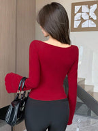 Square Neck Flare Sleeve Slim Fit Women T-Shirt