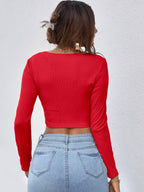 Neck Button Placket Rib-knit Tee