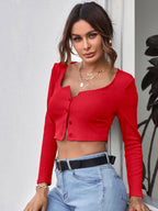 Neck Button Placket Rib-knit Tee