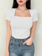 Women's Solid Color Swan Collar Short Sleeve T-Shirt