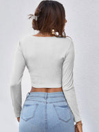 Neck Button Placket Rib-knit Tee