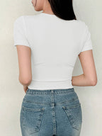 Women's Solid Color Swan Collar Short Sleeve T-Shirt