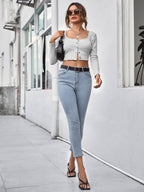 Neck Button Placket Rib-knit Tee