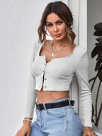 Neck Button Placket Rib-knit Tee