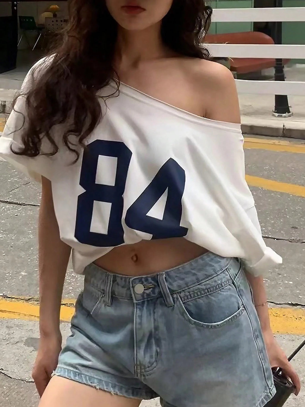 Numeric Print Asymmetric Collar Loose Casual T-Shirt, Summer Graphic Tees