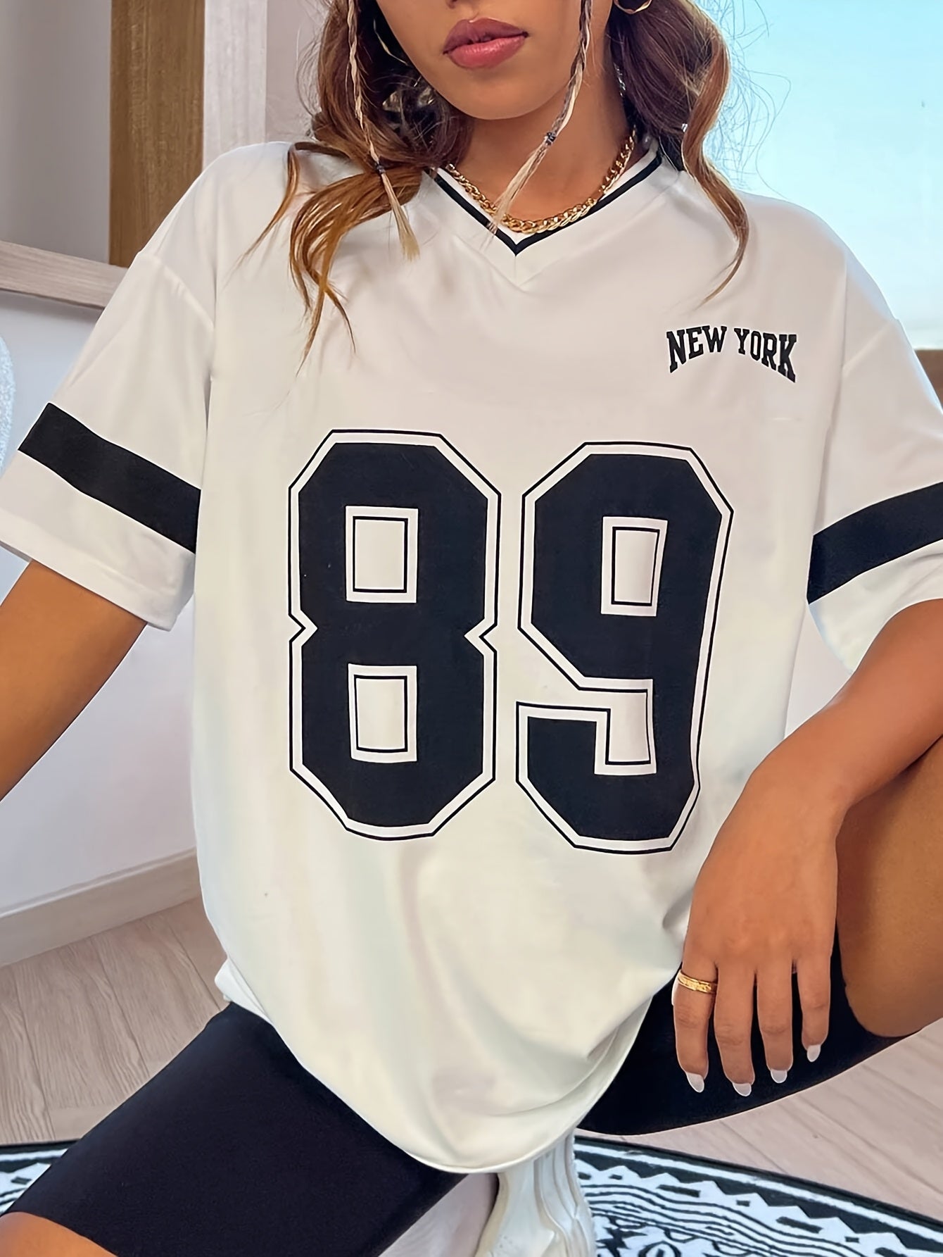 Casual Sports V-Neck T-Shirt New York 89 Print