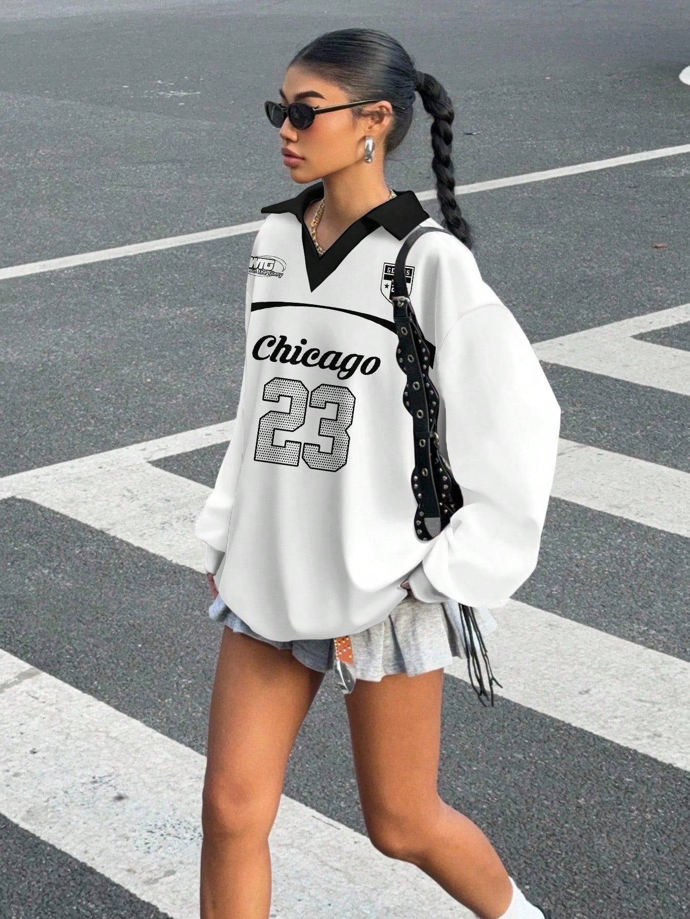 Casual Contrast Color Polo Collar Long Sleeve Loose T-Shirt