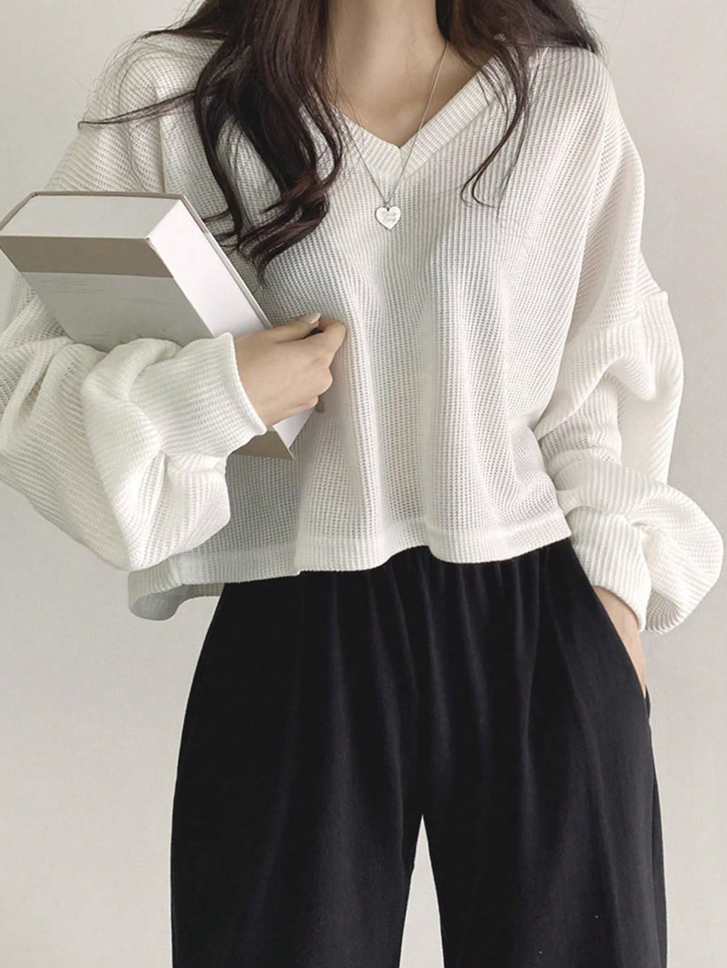 Solid Color V-Neck Dropped Shoulder Long Sleeve Loose Casual T-Shirt