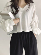 Solid Color V-Neck Dropped Shoulder Long Sleeve Loose Casual T-Shirt