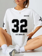 Letter & Number Pattern Drop Shoulder Short Sleeve T-Shirt Graphic Tees Women Tops
