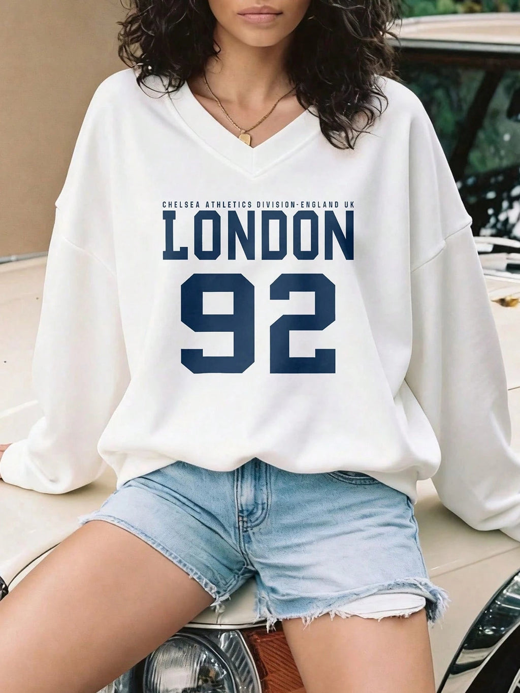 Casual Fashion Sports American Style Loose Slim V-Neck Long-Sleeved T-Shirt With Numbers And Letters