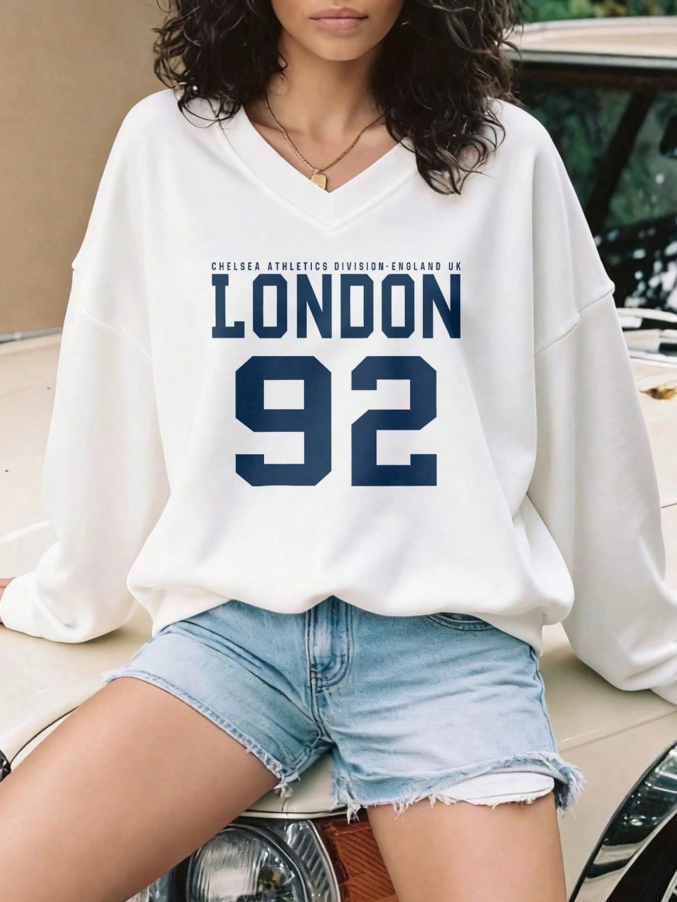 Casual Fashion Sports American Style Loose Slim V-Neck Long-Sleeved T-Shirt With Numbers And Letters