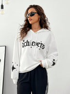 Fall Essentials Oversized Hooded Long-Sleeve Sweatshirt with Casual Knit Letter Print for Workouts