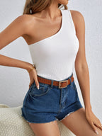 One Shoulder Ribbed Tank Top – Sleeveless Asymmetrical Slim Fit Summer Tee