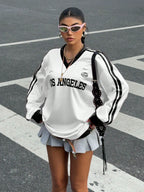 New Letter Print Colorblock Long Sleeve Casual T-Shirt