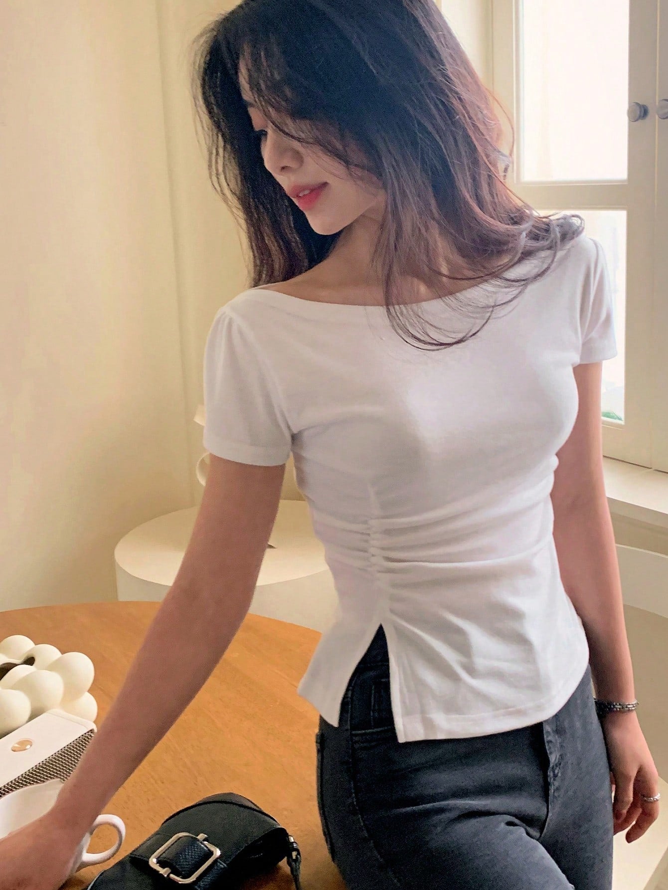 Solid Color Short Sleeve Ruched Side Split Bodycon Waist T-Shirt