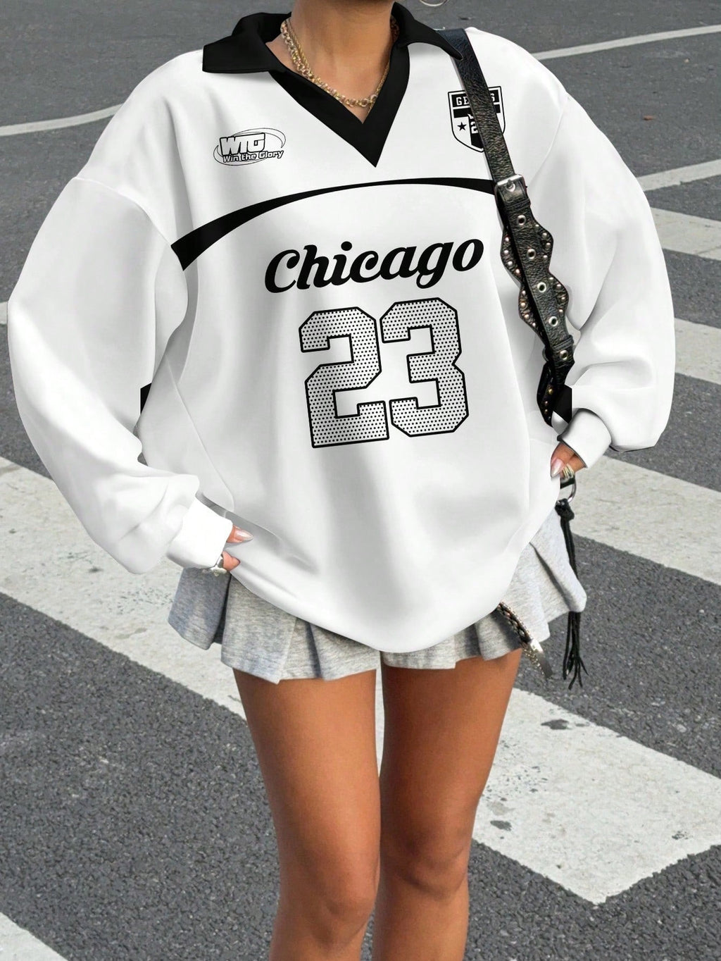 Casual Contrast Color Polo Collar Long Sleeve Loose T-Shirt