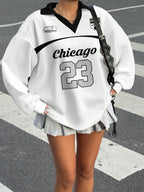 Casual Contrast Color Polo Collar Long Sleeve Loose T-Shirt