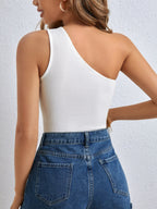One Shoulder Ribbed Tank Top – Sleeveless Asymmetrical Slim Fit Summer Tee