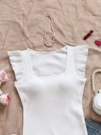 Solid Color Ribbed Knit Cap Sleeve Tee