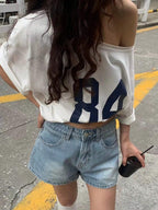 Numeric Print Asymmetric Collar Loose Casual T-Shirt, Summer Graphic Tees