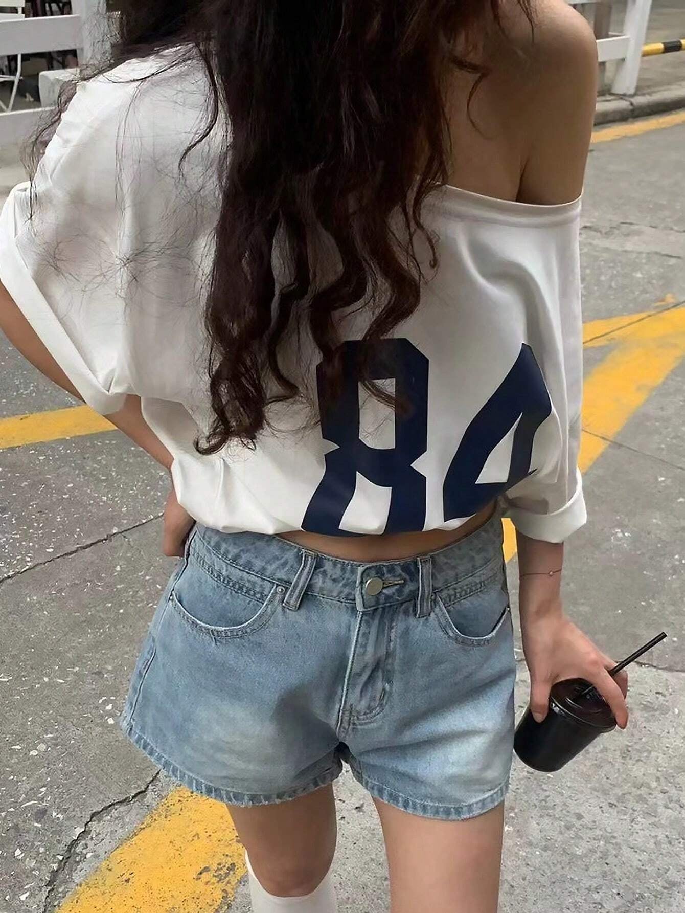 Numeric Print Asymmetric Collar Loose Casual T-Shirt, Summer Graphic Tees