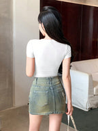 Solid Color Round Neck Short Sleeve Cropped Slim Fit Casual T-Shirt