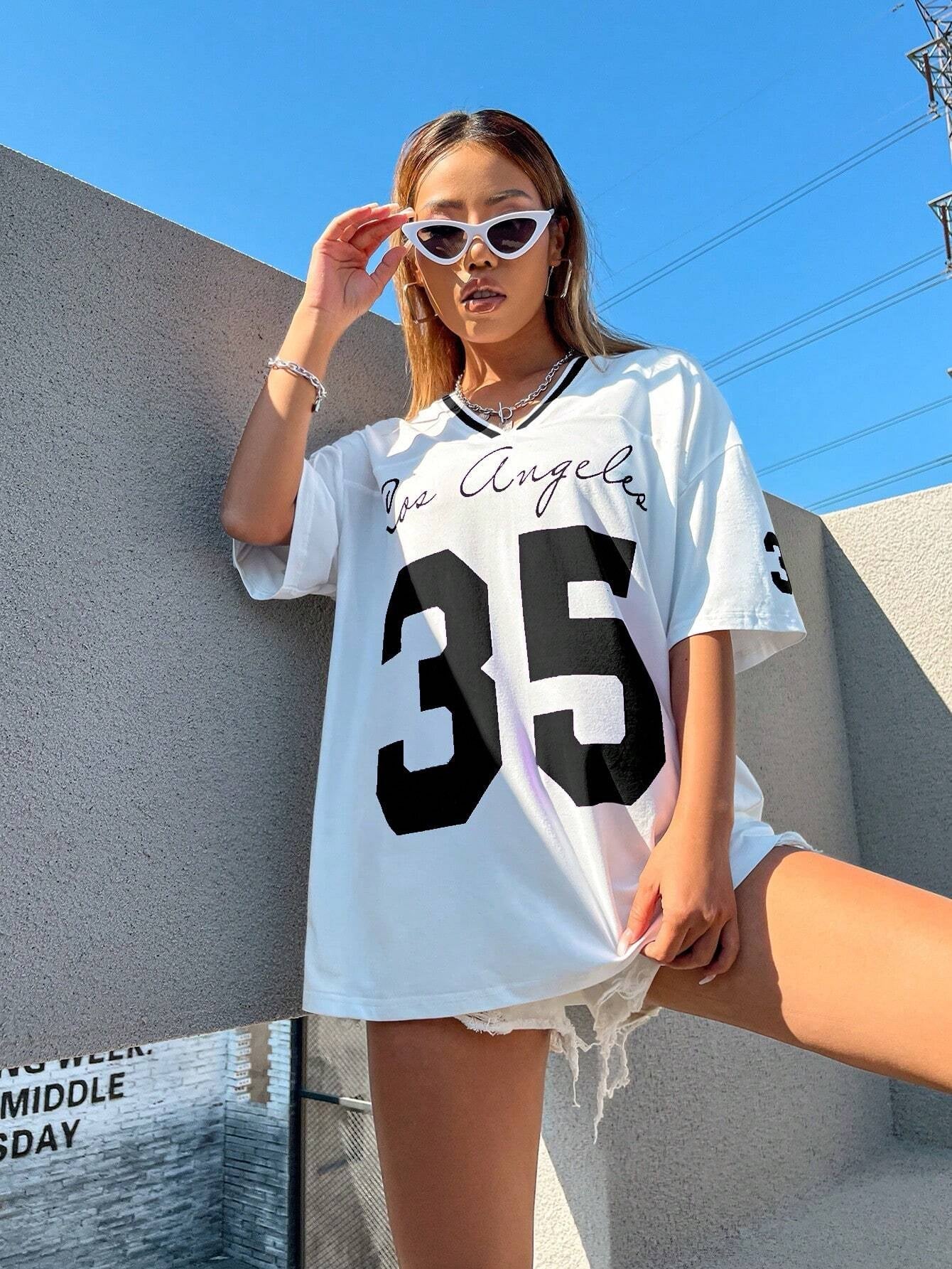 Letter Graphic Striped Trim Drop Shoulder Tee