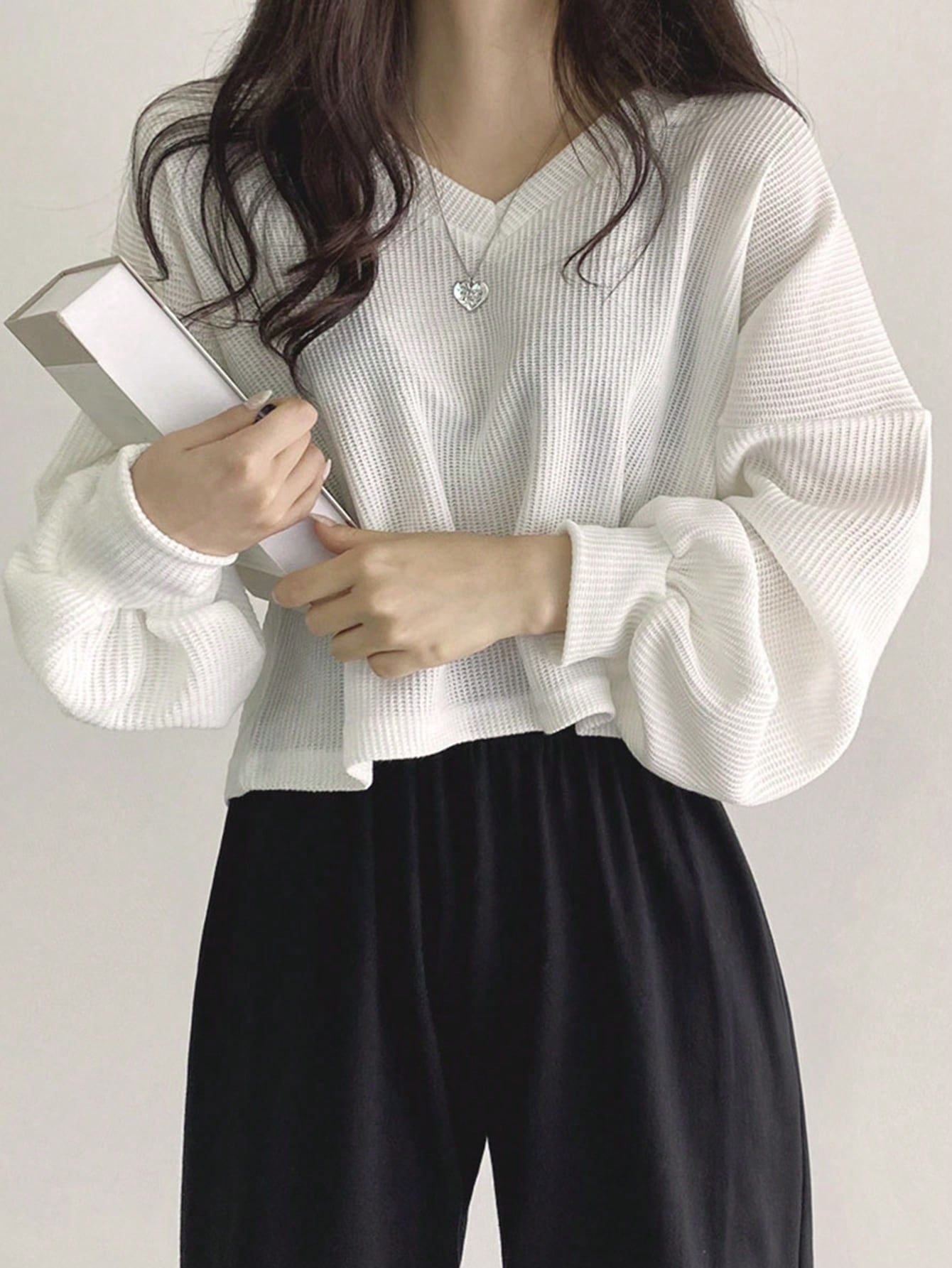 Solid Color V-Neck Dropped Shoulder Long Sleeve Loose Casual T-Shirt