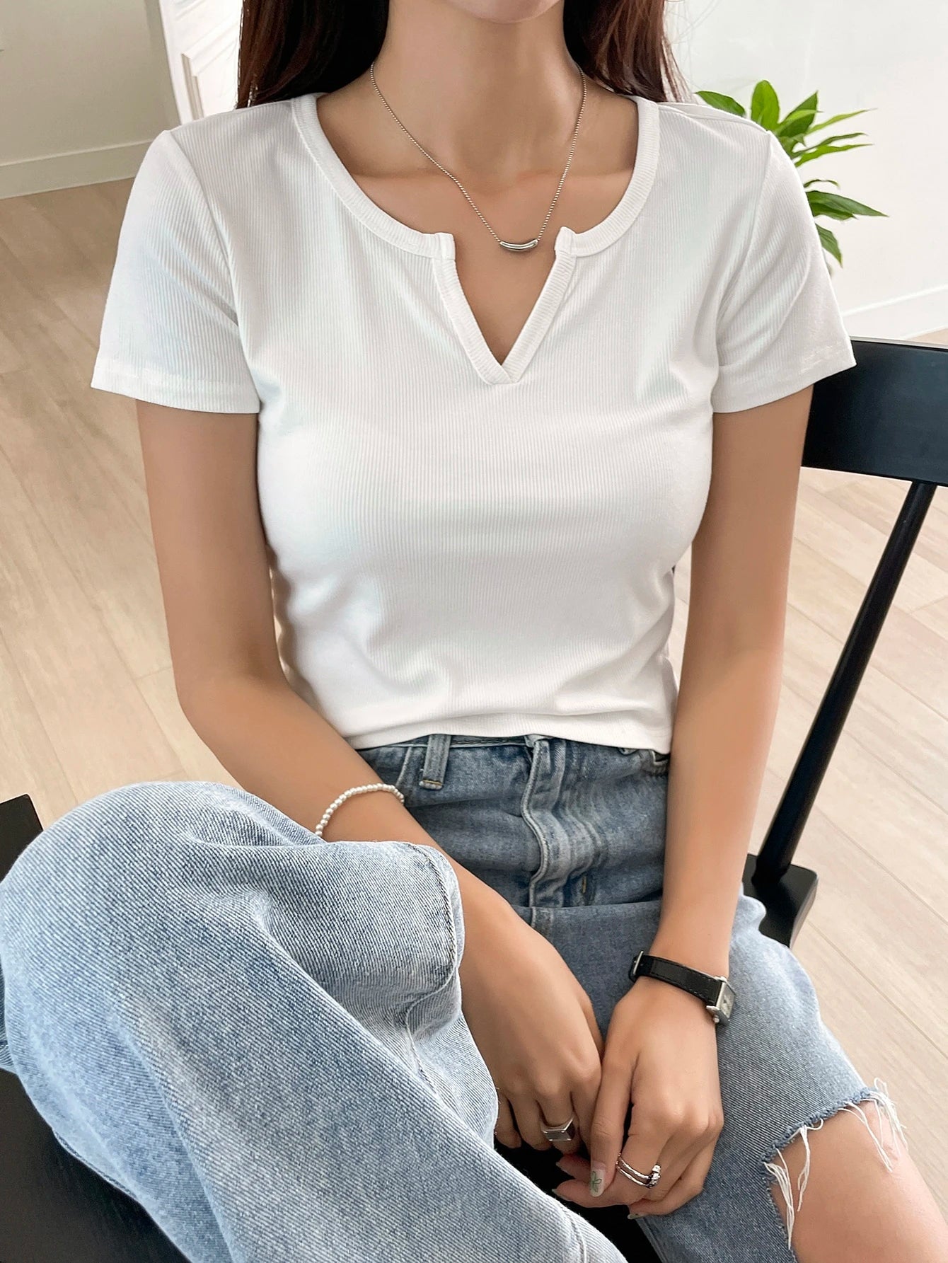 Ribbed Knit Notched Neck Tee