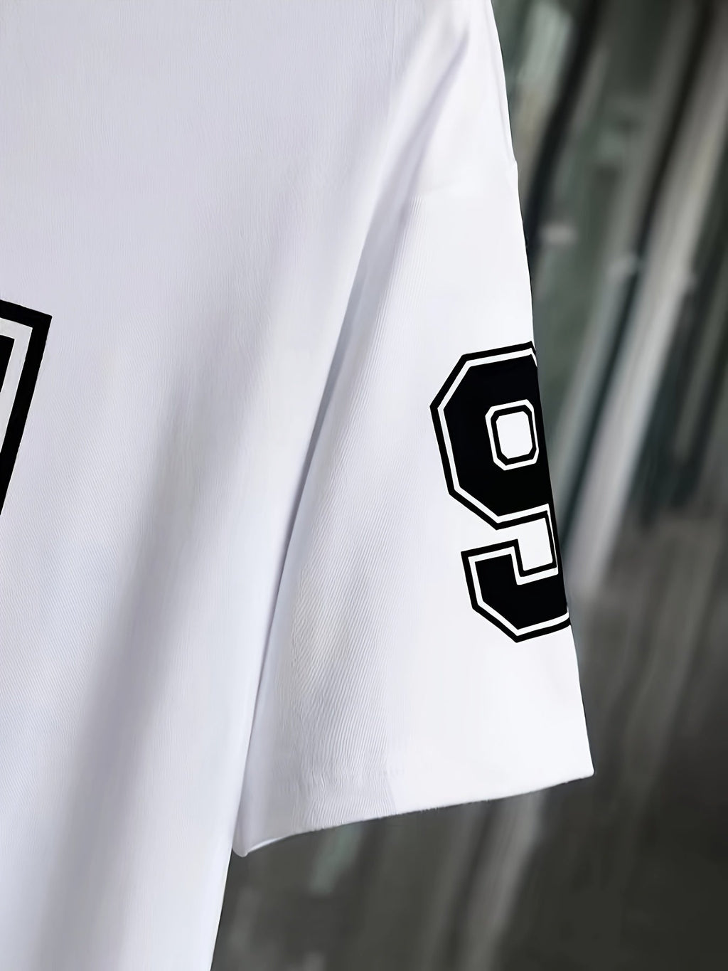Casual V-Neck Short Sleeve T-Shirt with Bold '91' Digital Print - White & Black Contrast