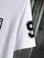 Casual V-Neck Short Sleeve T-Shirt with Bold '91' Digital Print - White & Black Contrast