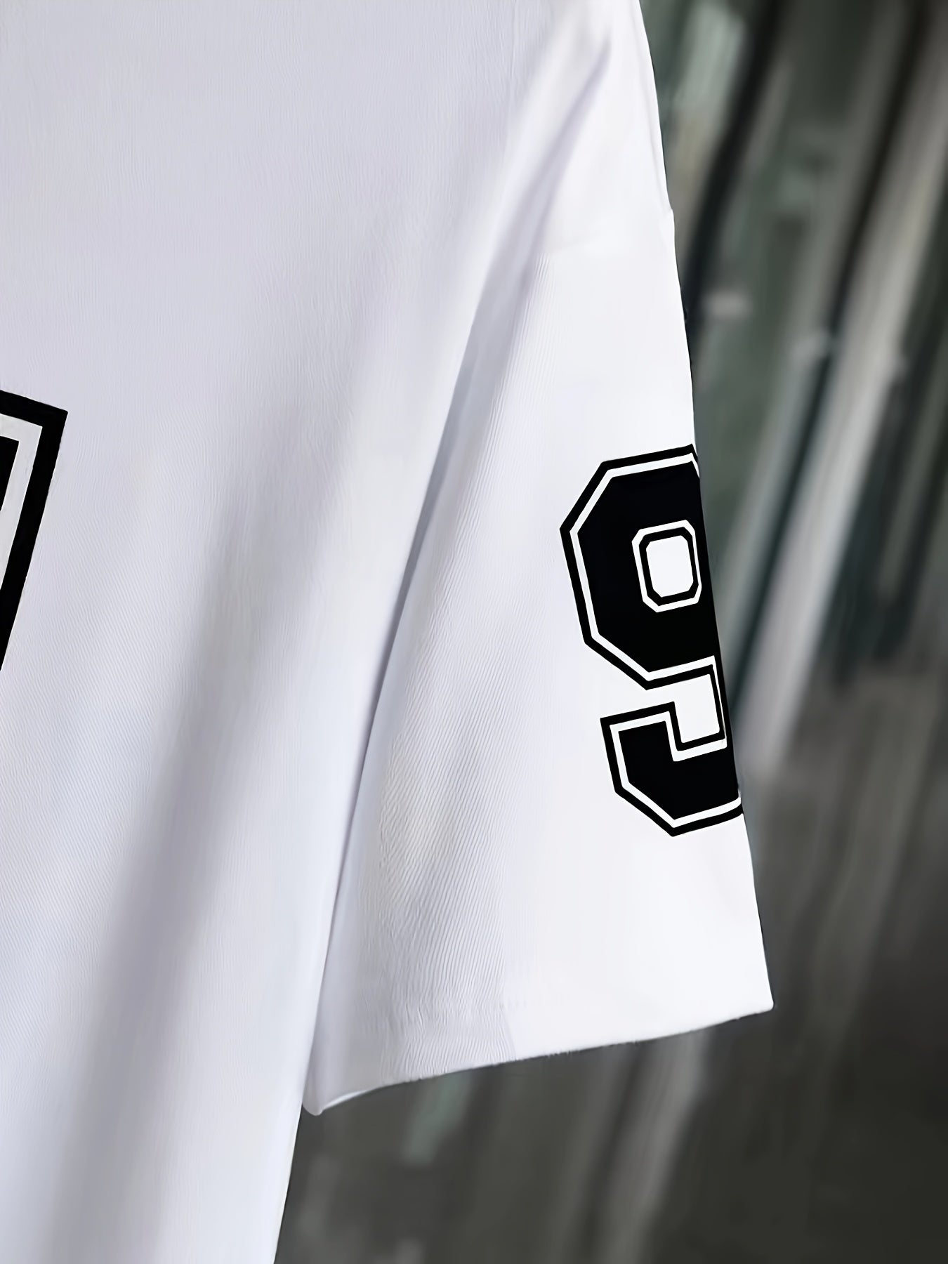 Casual V-Neck Short Sleeve T-Shirt with Bold '91' Digital Print - White & Black Contrast