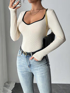 Long Sleeve Slim-Fit Contrast Trim Minimalist Fashion Bodysuit