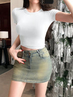 Solid Color Round Neck Short Sleeve Cropped Slim Fit Casual T-Shirt