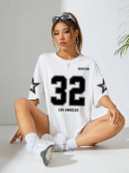 Letter & Number Pattern Drop Shoulder Short Sleeve T-Shirt Graphic Tees Women Tops