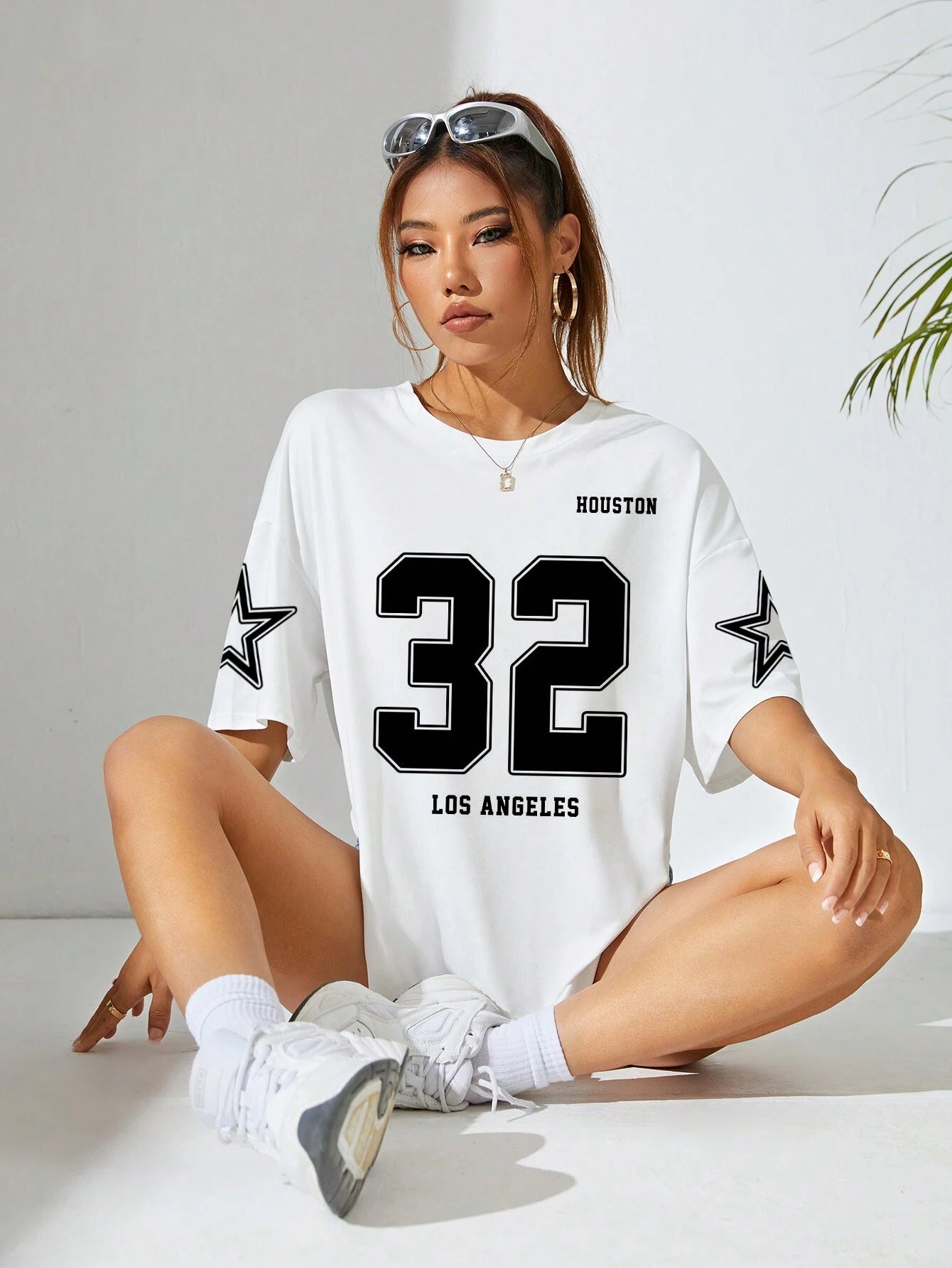Letter & Number Pattern Drop Shoulder Short Sleeve T-Shirt Graphic Tees Women Tops