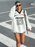 Casual Contrast Color Polo Collar Long Sleeve Loose T-Shirt