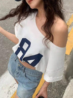 Numeric Print Asymmetric Collar Loose Casual T-Shirt, Summer Graphic Tees