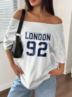 Letter Print Off-Shoulder Short Sleeve Casual Loose T-Shirt Graphic Tees