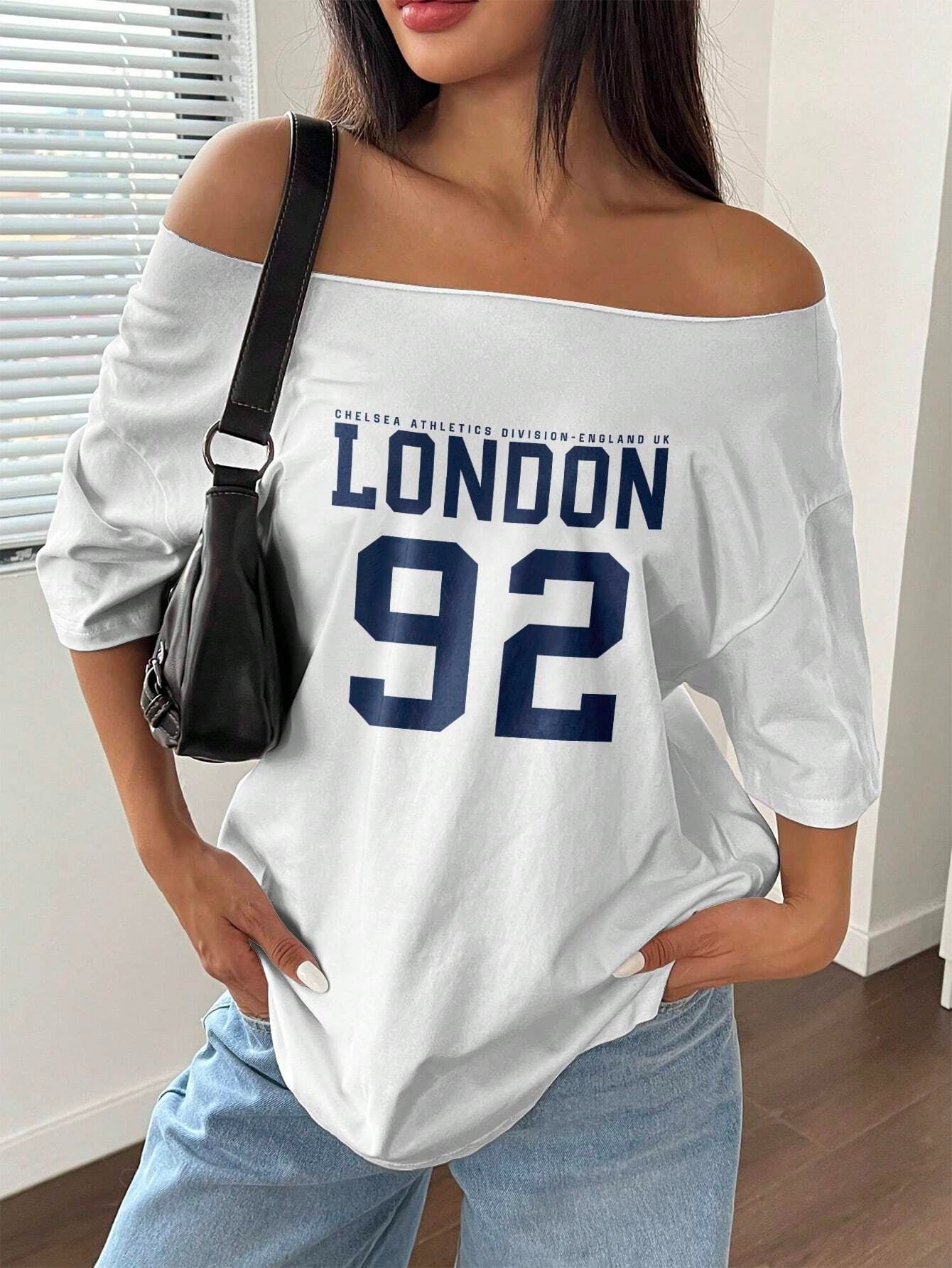 Letter Print Off-Shoulder Short Sleeve Casual Loose T-Shirt Graphic Tees