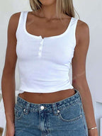Solid Color Button Half Placket Tank Top