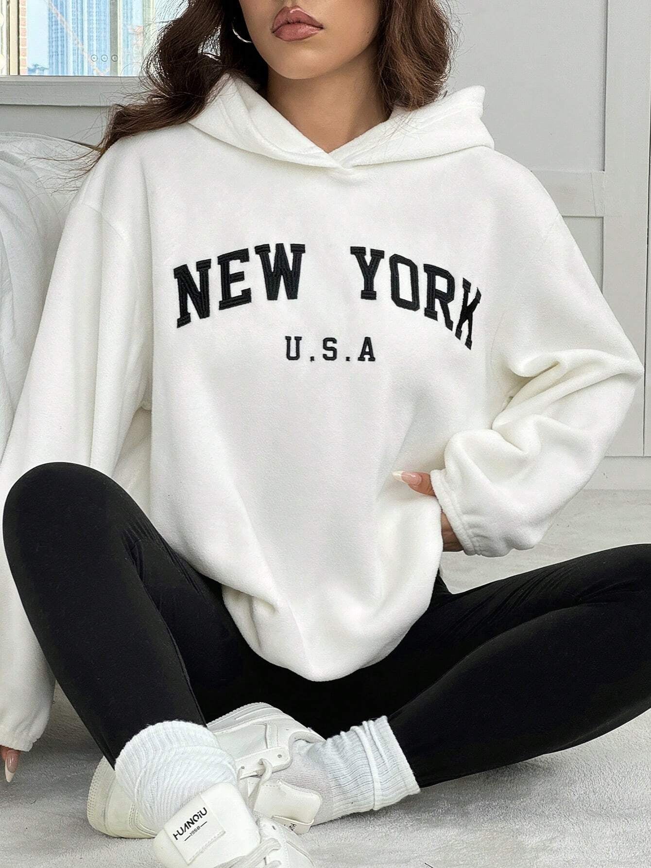 2pcs/Set Women Letter Embroidery Hoodie Sweatshirt And Leggings Outfit