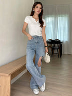 Ribbed Knit Notched Neck Tee
