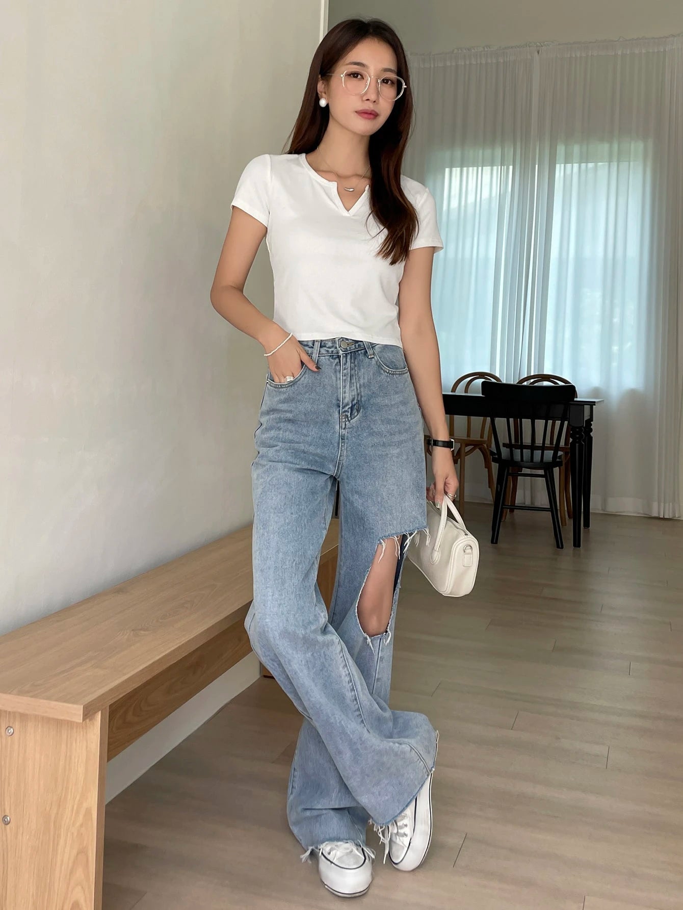 Ribbed Knit Notched Neck Tee