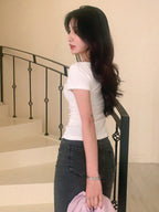 Solid Color Short Sleeve Ruched Side Split Bodycon Waist T-Shirt