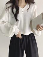 Solid Color V-Neck Dropped Shoulder Long Sleeve Loose Casual T-Shirt