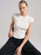 Ontre Urban Commuter White Knit Top, Short Sleeve Crew Neck T-Shirt
